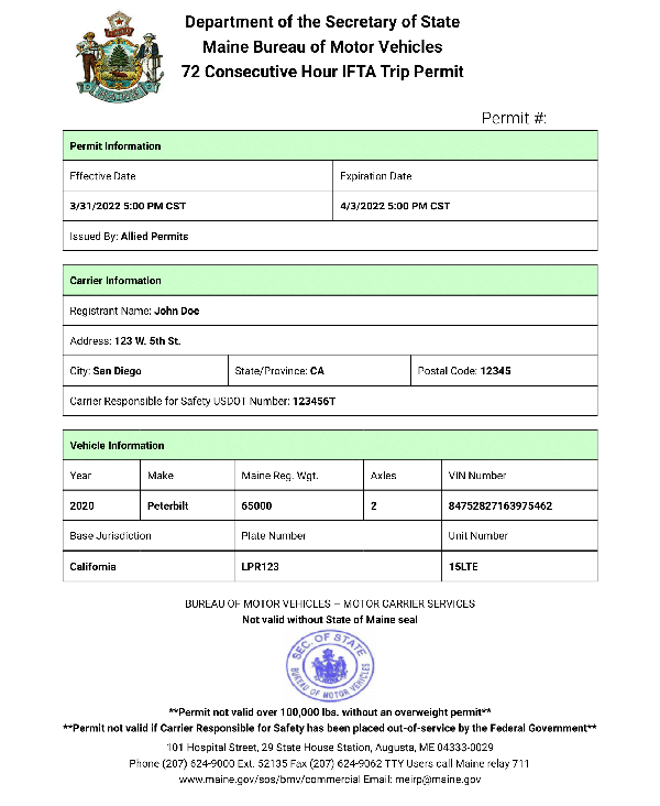 Maine Permit Sample