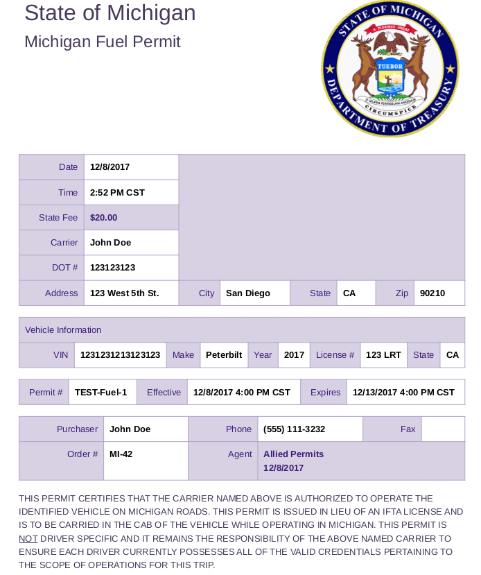 Michigan Permit Sample